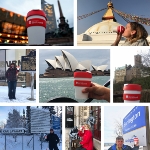 Eine Auswahl an Fotos mit dem Stralsunder Kaffee-Becher in aller Welt